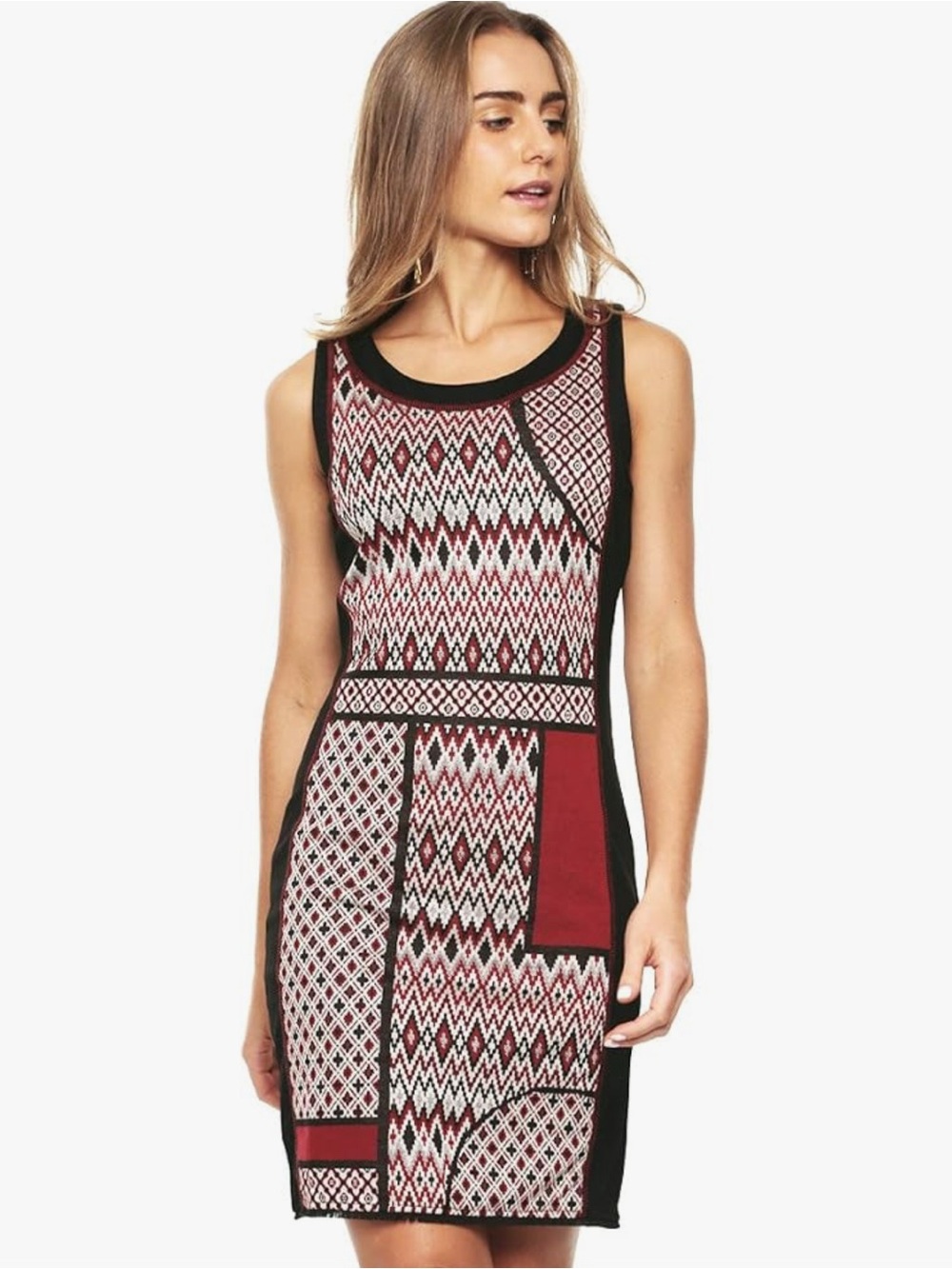 Desigual Black & Burgundy Patterned Sleeveless Mini Dress
